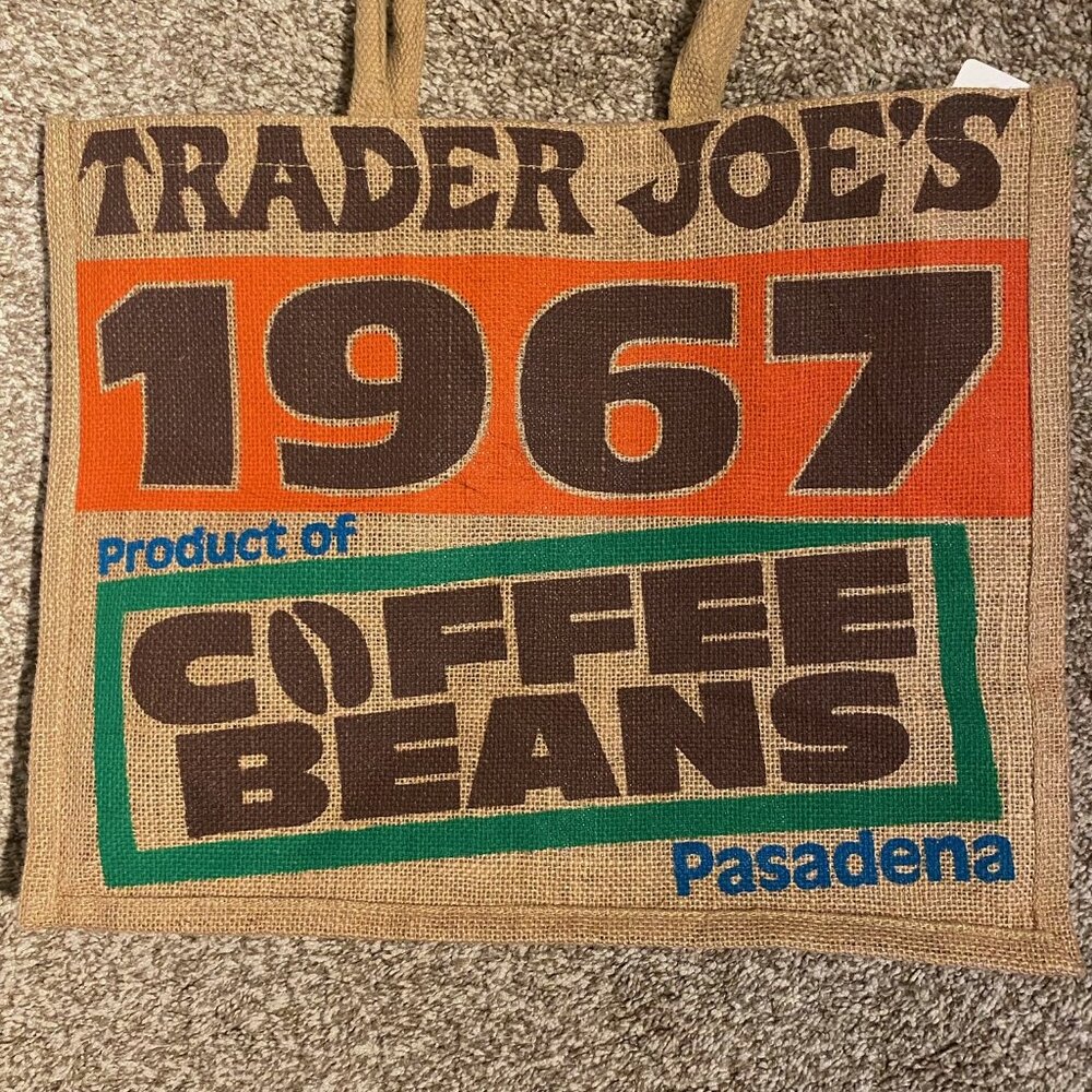 NWOT Trader Joe's 1967 Coffee Beans Pasadena Burlap Jute Tote Reusable Bag